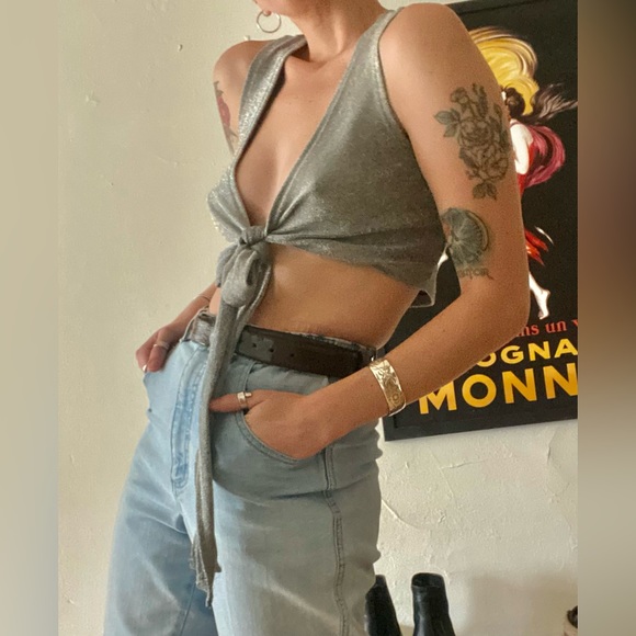 SOLD | Disco Silver Sparkle Wrap Crop Top - Picture 2 of 6